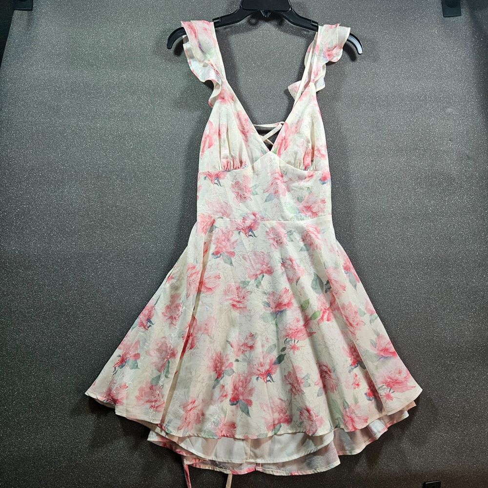 Windsor Floral Fit Flare Dress Size M Open Back Lace Up Ruffle Sleeve Mini Dress